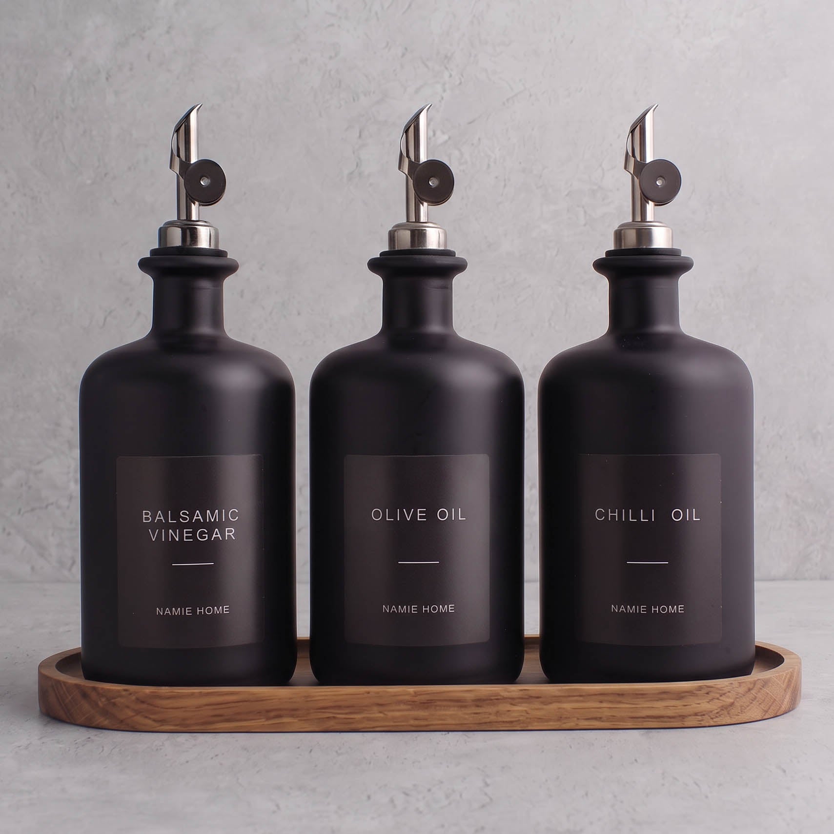 Matte Black Glass Oil & Vinegar Set of 3 with Acacia Tray