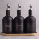 Matte Black Glass Tall Neck Oil & Vinegar Set of 3 with Bamboo Tray