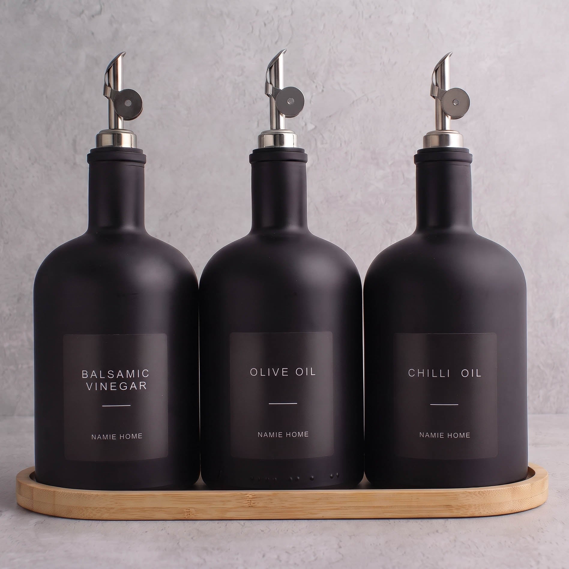 Matte Black Glass Tall Neck Oil & Vinegar Set of 3 with Bamboo Tray