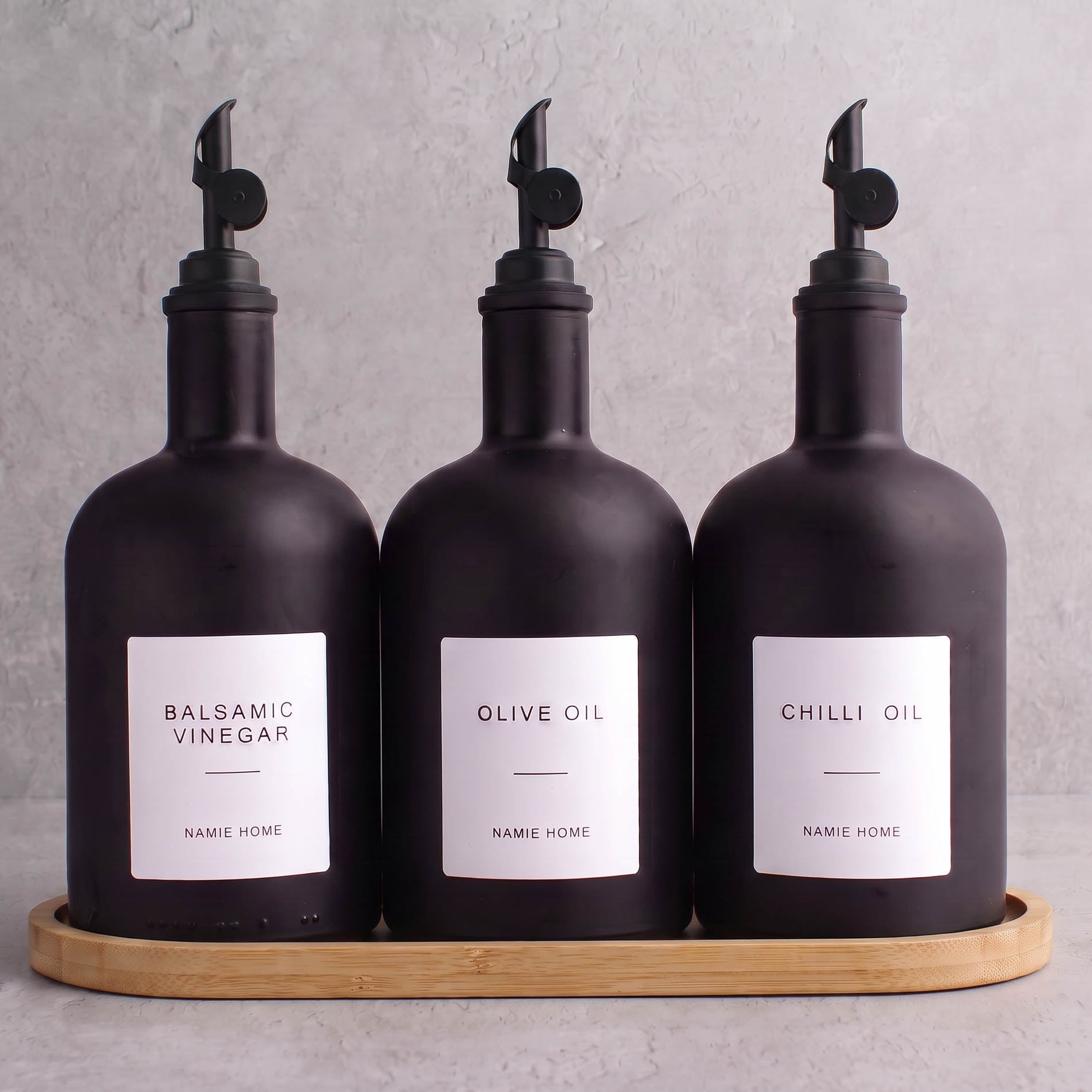 Matte Black Glass Tall Neck Oil & Vinegar Set of 3 with Bamboo Tray