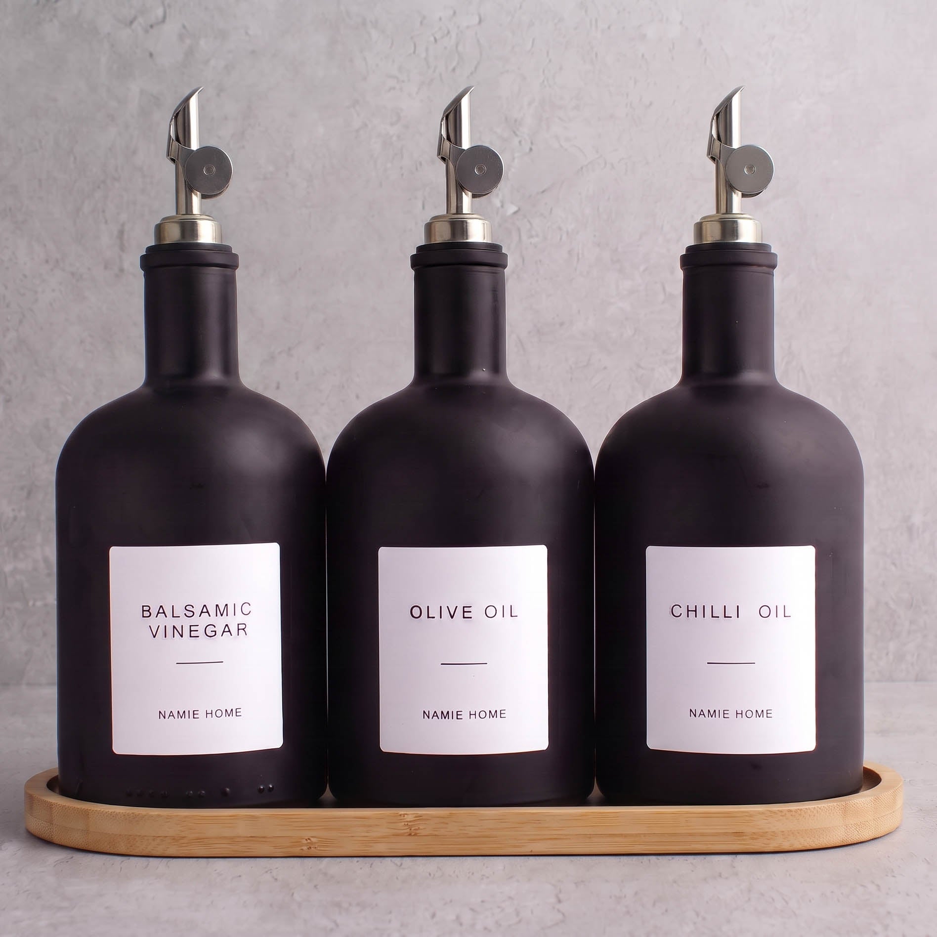 Matte Black Glass Tall Neck Oil & Vinegar Set of 3 with Bamboo Tray