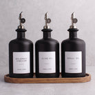 Matte Black Glass Oil & Vinegar Set of 3 with Acacia Tray