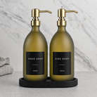Black Tray & Frosted Green Glass Hand Soap & Dish Soap Set on a black stone tray, gold pumps