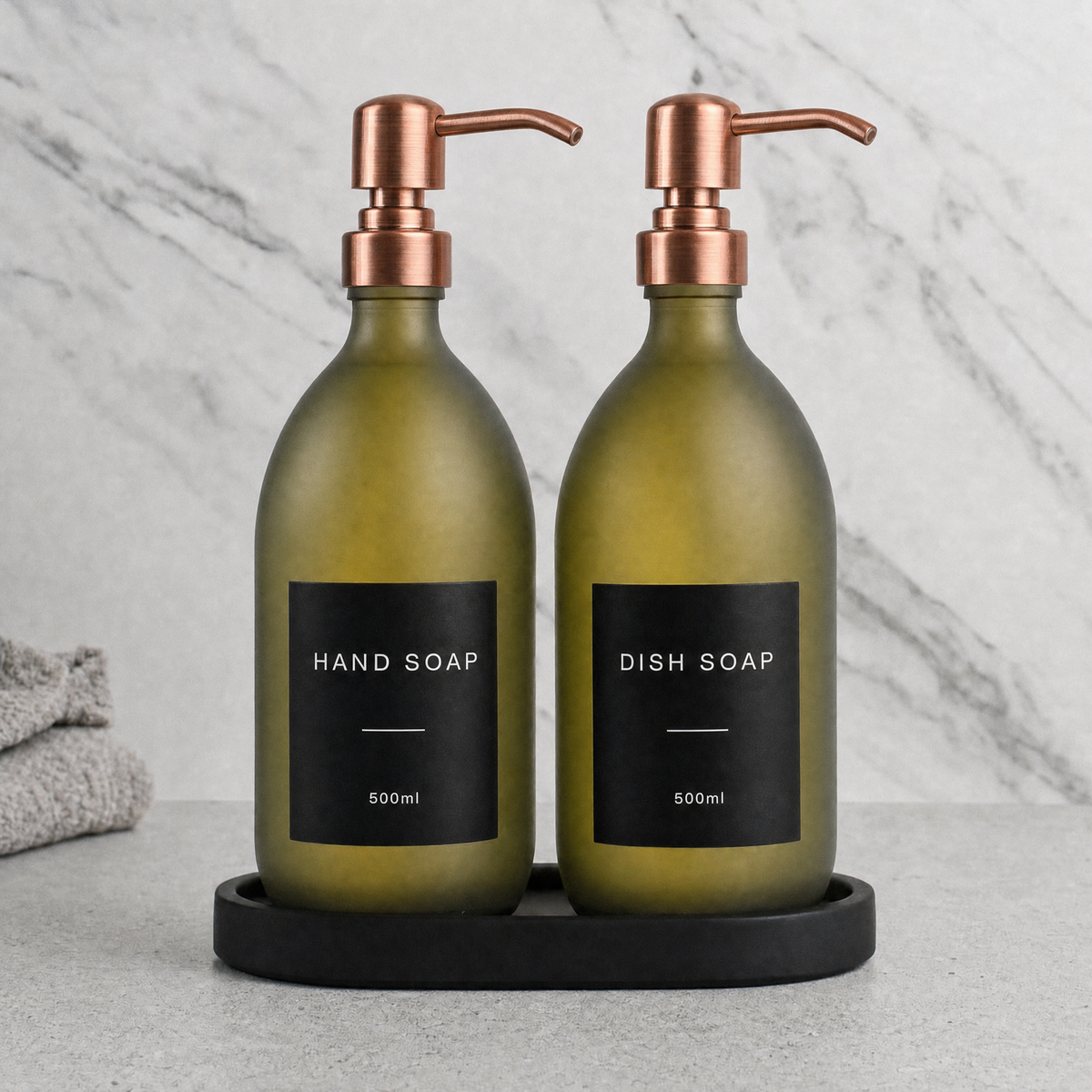 Black Tray & Frosted Green Glass Hand Soap & Dish Soap Set on a black stone tray, rose gold pumps