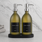 Black Tray & Frosted Green Glass Hand Soap & Dish Soap Set on a black stone tray, silver pumps