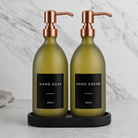 Black Tray & Frosted Green Glass Hand Soap & Hand Cream Set on a black stone tray, rose gold pumps