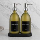 Black Tray & Frosted Green Glass Hand Soap & Hand Cream Set on a black stone tray, silver pumps