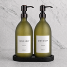 Black Tray & Frosted Green Glass Hand Soap & Dish Soap Set on a black stone tray, black and copper pumps
