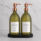 Black Tray & Frosted Green Glass Hand Soap & Dish Soap Set on a black stone tray, rose gold pumps
