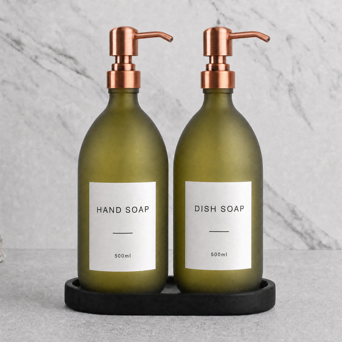 Black Tray & Frosted Green Glass Hand Soap & Dish Soap Set on a black stone tray, rose gold pumps