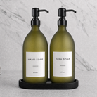 Black Tray & Frosted Green Glass Hand Soap & Dish Soap Set on a black stone tray, matte black pumps