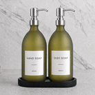 Black Tray & Frosted Green Glass Hand Soap & Dish Soap Set on a black stone tray, silver pumps