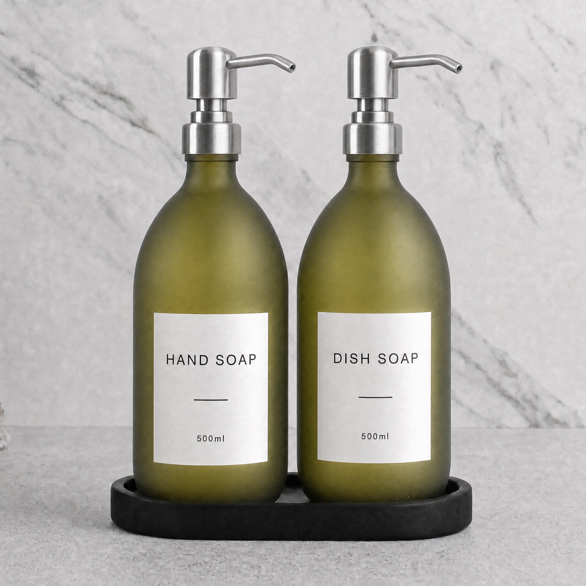 Black Tray & Frosted Green Glass Hand Soap & Dish Soap Set on a black stone tray, silver pumps