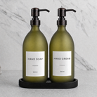 Black Tray & Frosted Green Glass Hand Soap & Hand Cream Set on a black stone tray, black and copper pumps
