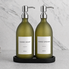 Black Tray & Frosted Green Glass Hand Soap & Hand Cream Set on a black stone tray, silver pumps