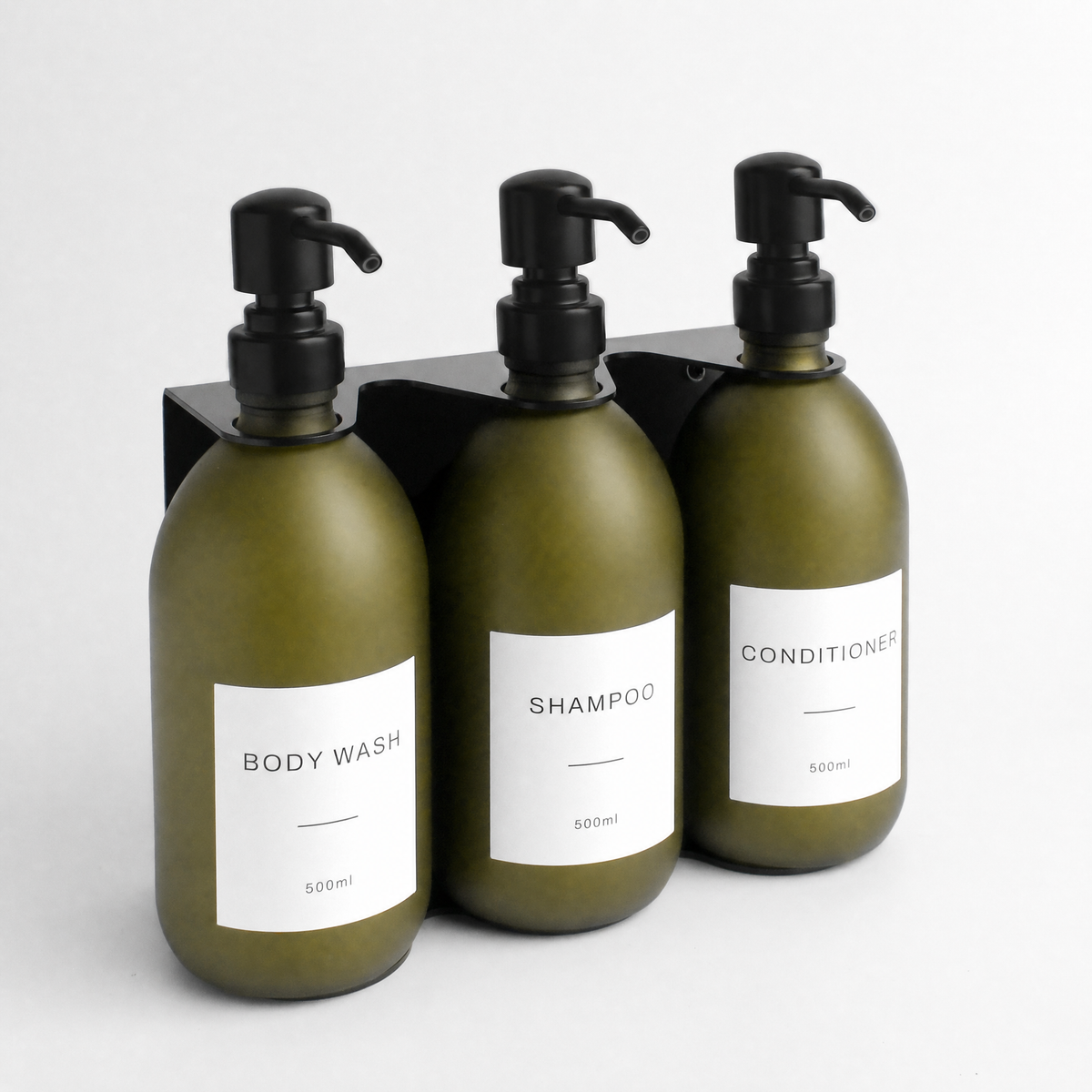 Body Wash, Shampoo & Conditioner Frosted Green Glass Set, Black wall bracket