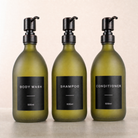 Body Wash, Shampoo & Conditioner Frosted Green Glass Set, black and copper pumps