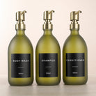 Body Wash, Shampoo & Conditioner Frosted Green Glass Set, gold pumps