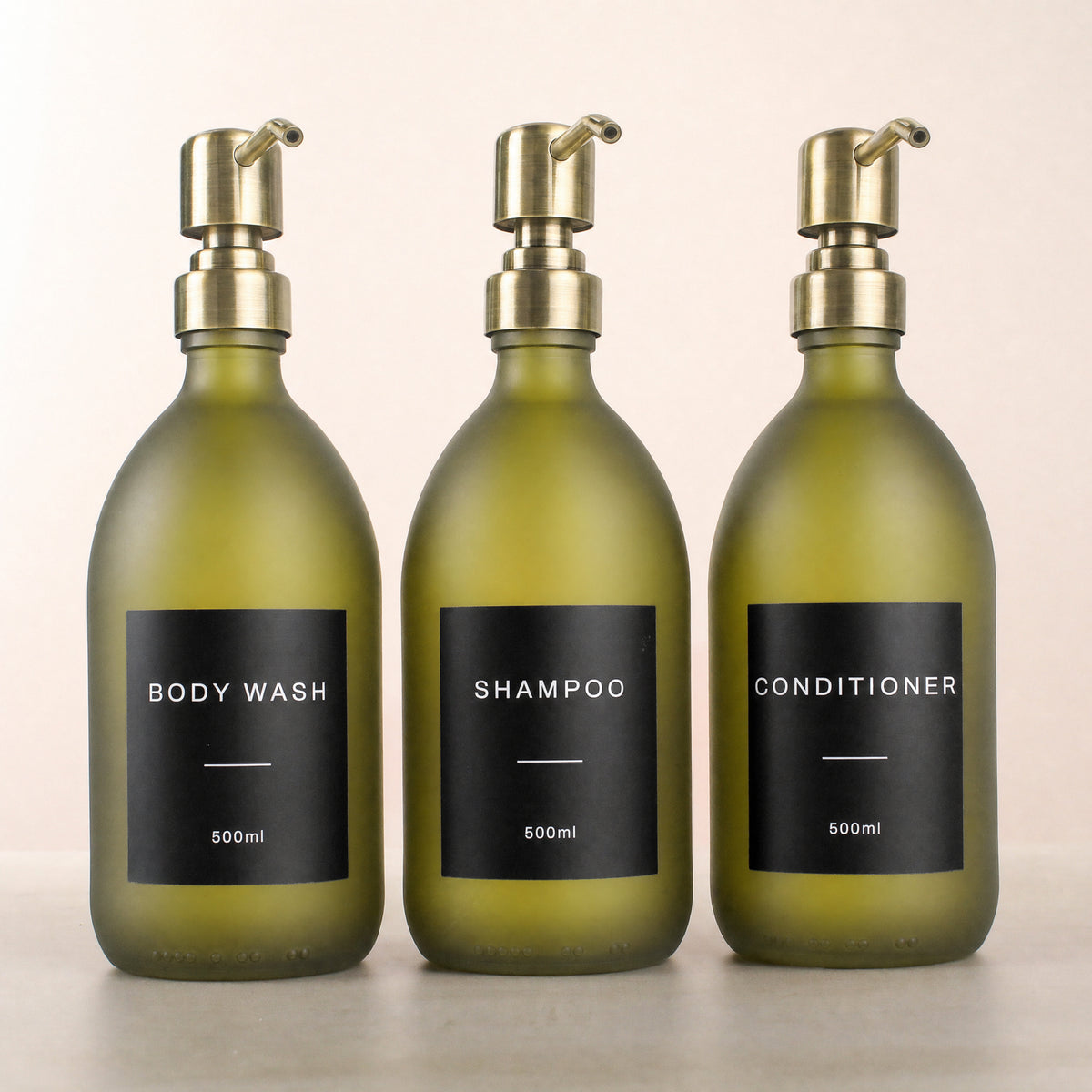 Body Wash, Shampoo & Conditioner Frosted Green Glass Set, gold pumps