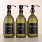 Body Wash, Shampoo & Conditioner Frosted Green Glass Set, matte black pumps