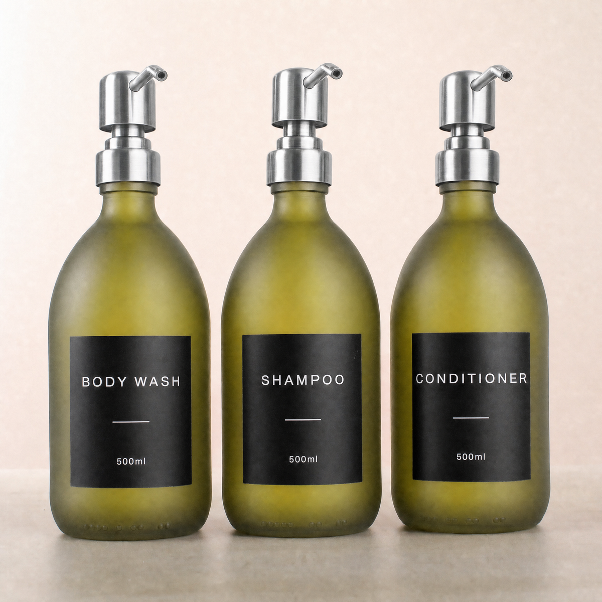Body Wash, Shampoo & Conditioner Frosted Green Glass Set, silver pumps