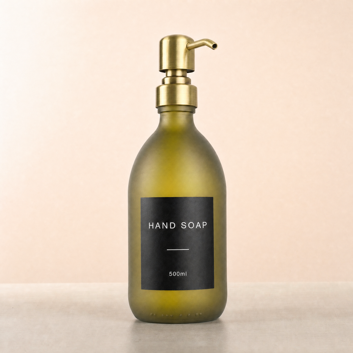 Labelled Frosted Green Glass Dispenser, gold pump