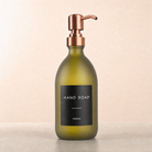 Labelled Frosted Green Glass Dispenser, rose gold pump