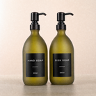 Hand Soap & Dish Soap Frosted Green Glass Set, black and copper pumps