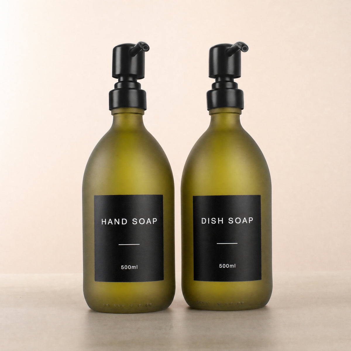 Hand Soap & Dish Soap Frosted Green Glass Set, matte black pumps