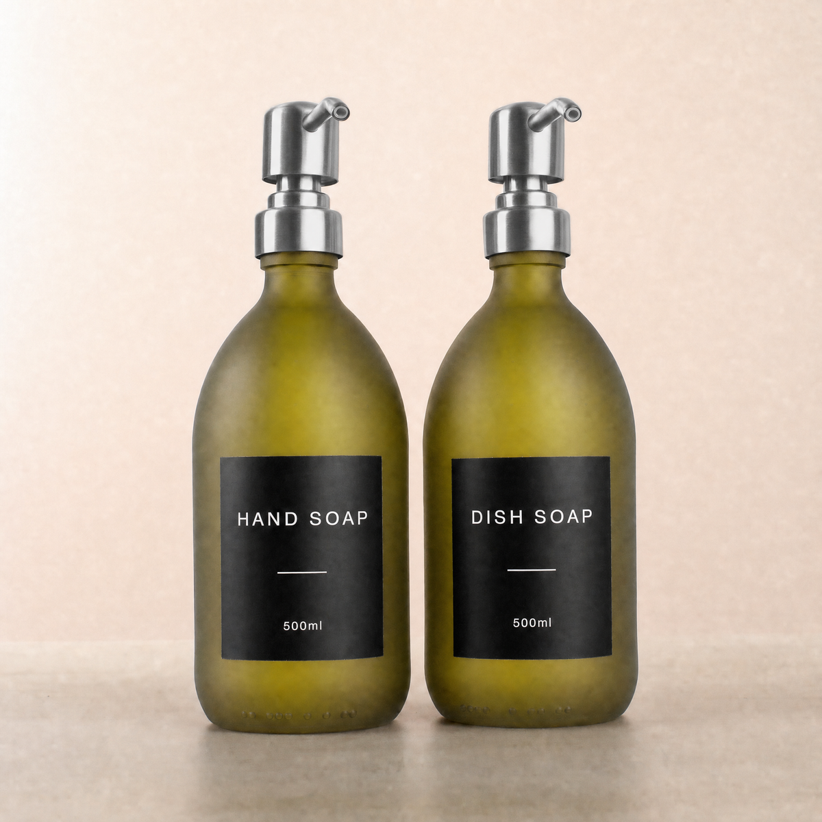 Hand Soap & Dish Soap Frosted Green Glass Set, silver pumps