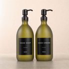 Hand Soap & Hand Cream Frosted Green Glass Set, black and copper pumps