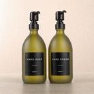 Hand Soap & Hand Cream Frosted Green Glass Set, black and copper pumps