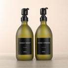 Hand Soap & Hand Cream Frosted Green Glass Set, matte black pumps