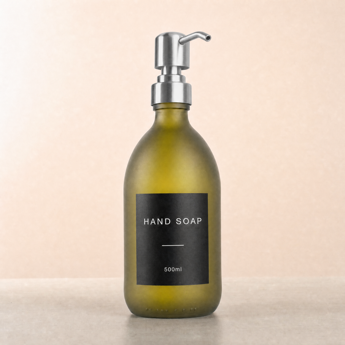 Labelled Frosted Green Glass Dispenser, silver pump