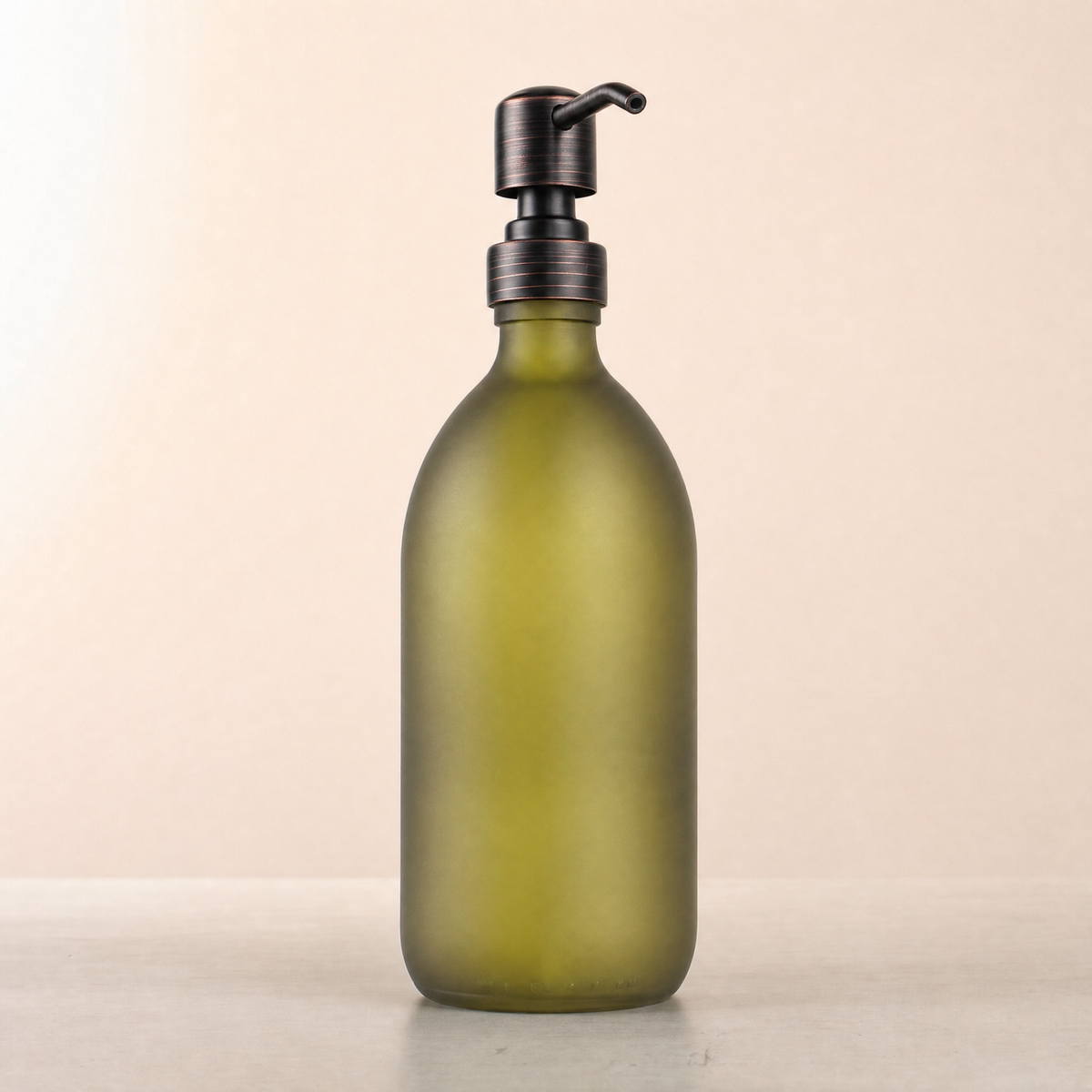 Frosted Green Glass Dispenser, black and copper pump