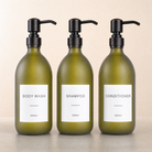 Body Wash, Shampoo & Conditioner Frosted Green Glass Set, black and copper pumps