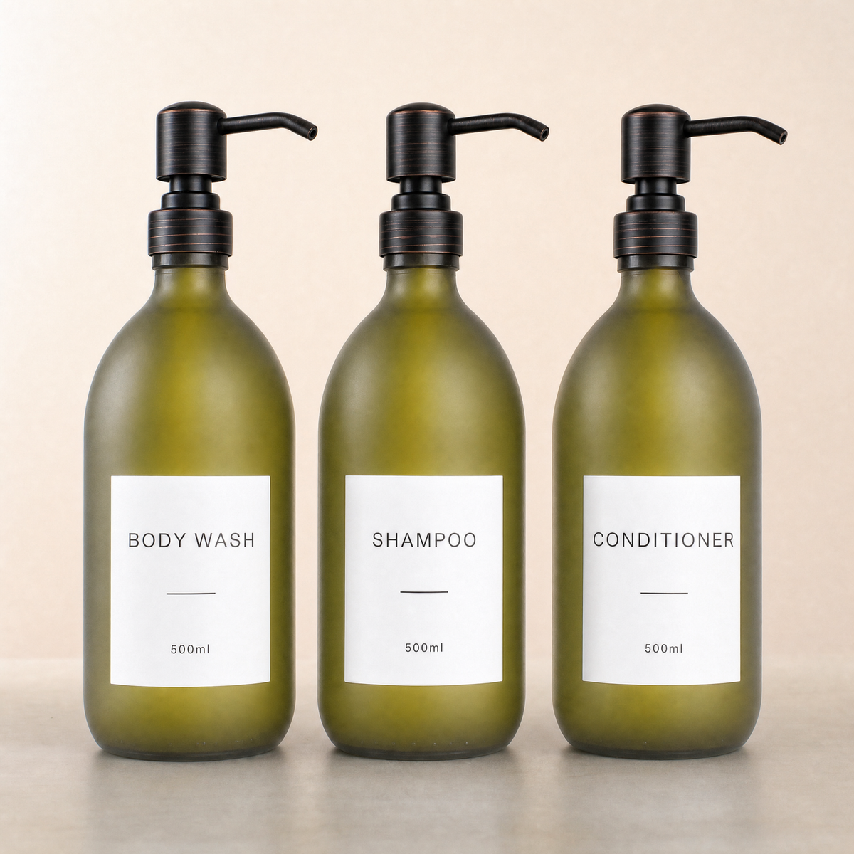 Body Wash, Shampoo & Conditioner Frosted Green Glass Set, black and copper pumps