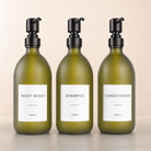 Body Wash, Shampoo & Conditioner Frosted Green Glass Set, black and copper pumps