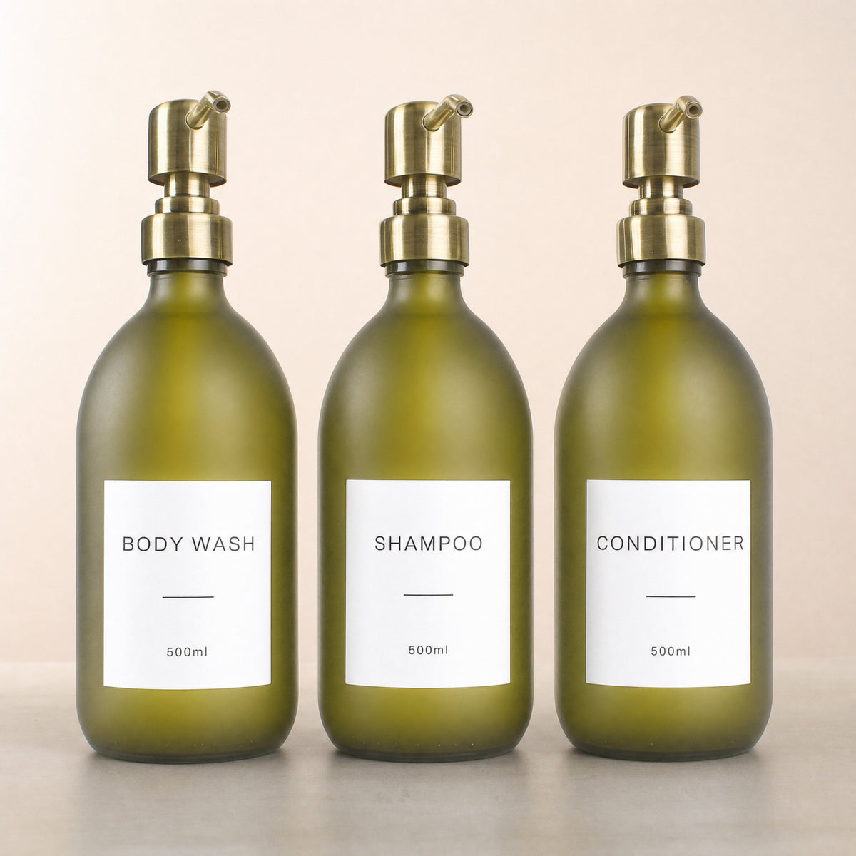 Body Wash, Shampoo & Conditioner Frosted Green Glass Set, gold pumps