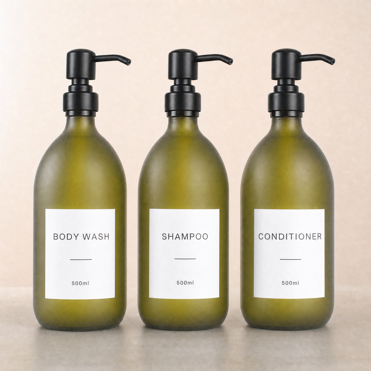 Body Wash, Shampoo & Conditioner Frosted Green Glass Set, matte black pumps