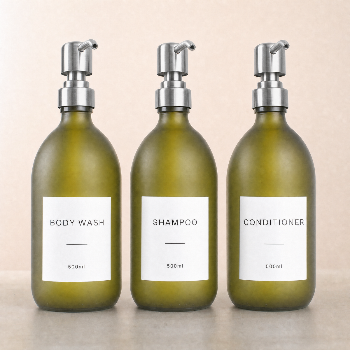 Body Wash, Shampoo & Conditioner Frosted Green Glass Set, silver pumps
