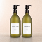 Hand Soap & Dish Soap Frosted Green Glass Set, black and copper pumps