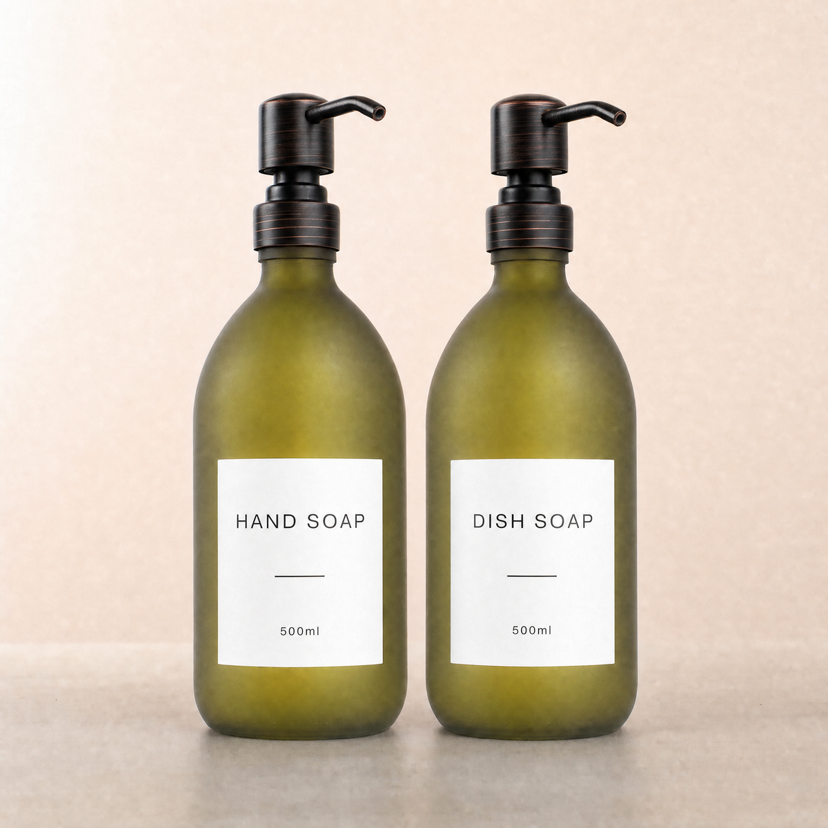 Hand Soap & Dish Soap Frosted Green Glass Set, black and copper pumps