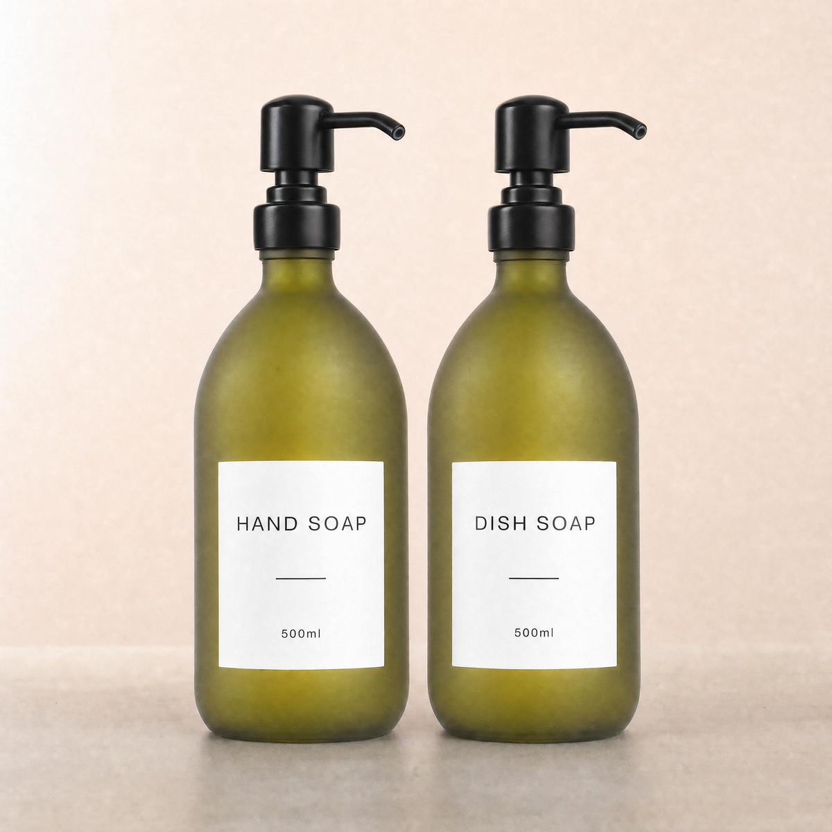 Hand Soap & Dish Soap Frosted Green Glass Set, matte black pumps