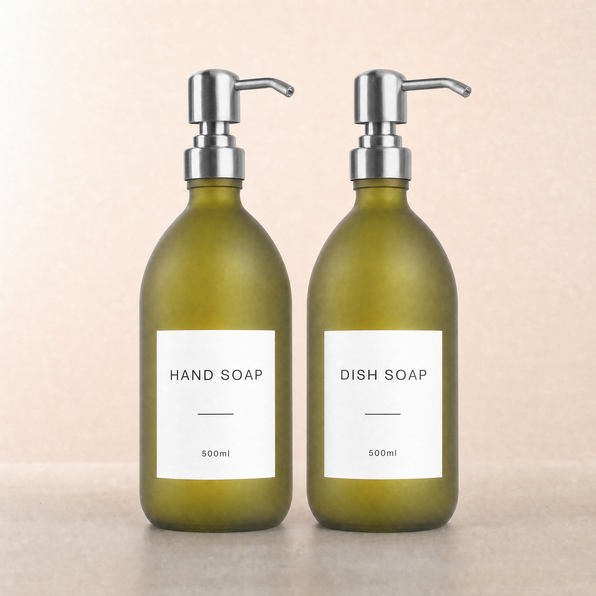 Hand Soap & Dish Soap Frosted Green Glass Set, silver pumps