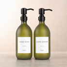 Hand Soap & Hand Cream Frosted Green Glass Set, black and copper pumps