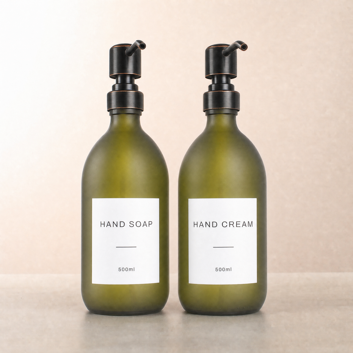 Hand Soap & Hand Cream Frosted Green Glass Set, black and copper pumps