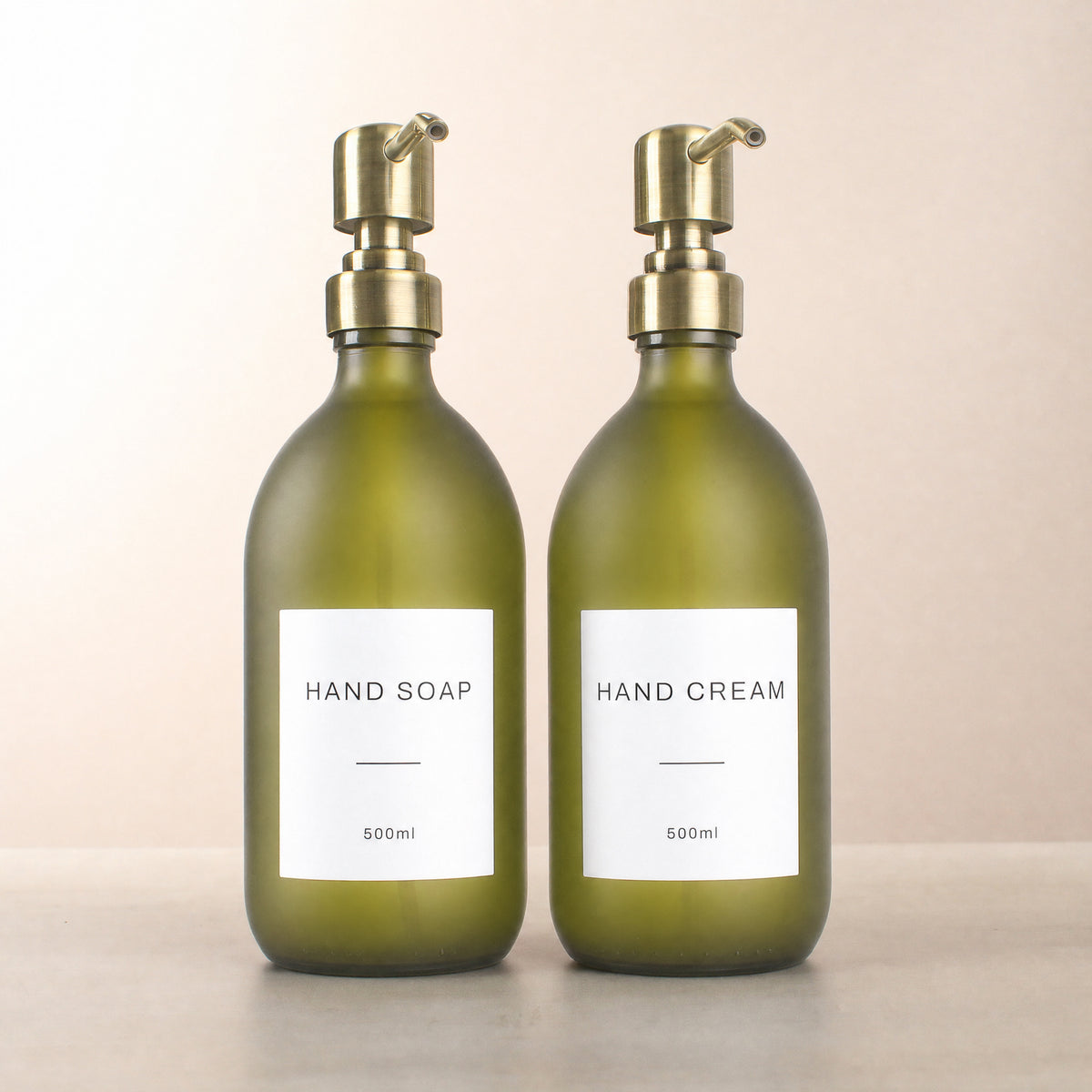 Hand Soap & Hand Cream Frosted Green Glass Set, gold pumps