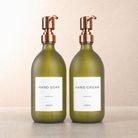 Hand Soap & Hand Cream Frosted Green Glass Set, rose gold pumps