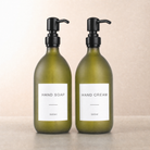 Hand Soap & Hand Cream Frosted Green Glass Set, matte black pumps